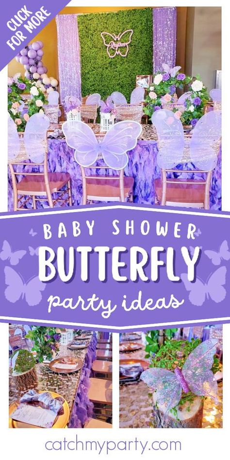 Take a look at this lovely butterfly baby shower! The butterflies decorating each seat is such a pretty idea! See more party ideas and share yours at CatchMyParty.com Butterflies Decorations For Party, Flower And Butterfly Baby Shower Theme, Butterflies Baby Shower Ideas, Butterfly Baby Shower Themes, Butterfly Baby Shower Food Ideas, Butterfly Shower Ideas, Purple Butterfly Decorations, Flower Butterfly Baby Shower Theme, A Little Butterfly Is On Her Way Baby Shower Theme