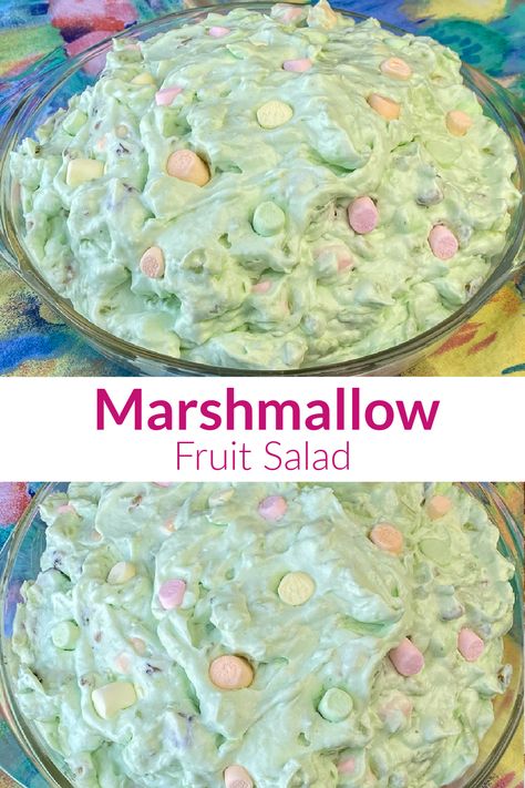 Collage of marshmallow salad in a vintage bowl on a colorful napkin with text Green Jello With Marshmallows, Easter Marshmallow Salad, Easter Fluff Salad Mini Marshmallows, Thanksgiving Marshmallow Salad, Marshmallow Fruit Salad Recipe, Green Marshmallow Salad, Fruit Marshmallow Recipes, Salads With Marshmallows, Fun Fruit Appetizers