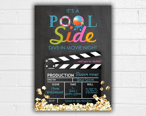 Dive In Movie, Pool Movie, Night Pool Party, Pool Party Birthday Invitations, Movie Night Party, Pool Birthday, Popcorn Bar, Pool Party Invitations, 50th Birthday Invitations