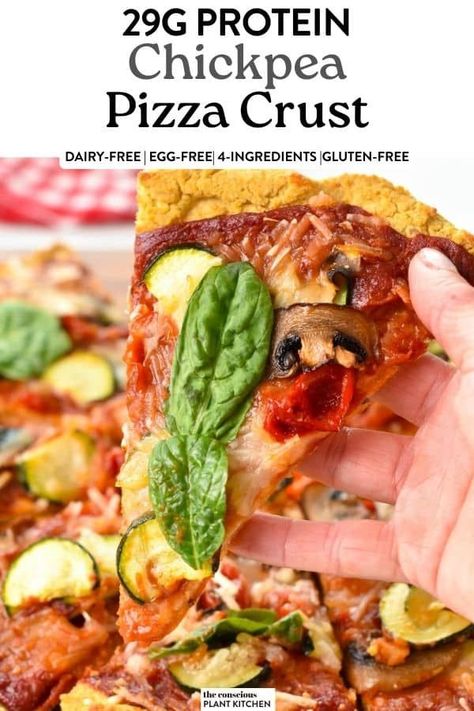 a slice of chickpea pizza crust filled with marinara sauce and vegetable Chickpea Pizza Crust, Chickpea Pizza, Vegan Pizza Dough, 30g Of Protein, Dairy Free Bread, Vegan Feta Cheese, Tasty Bread Recipe, Hearty Lunch, Plant Kitchen