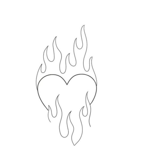 Heart In Flames Drawing, Heart With Flames Tattoo Design, Heart With Flames Drawing, Heart On Fire Tattoo Simple, Flaming Heart Tattoo Simple, Small Tattoo Outlines, Outline Drawings Simple, Small Outline Tattoo Ideas, Fogo Tattoo