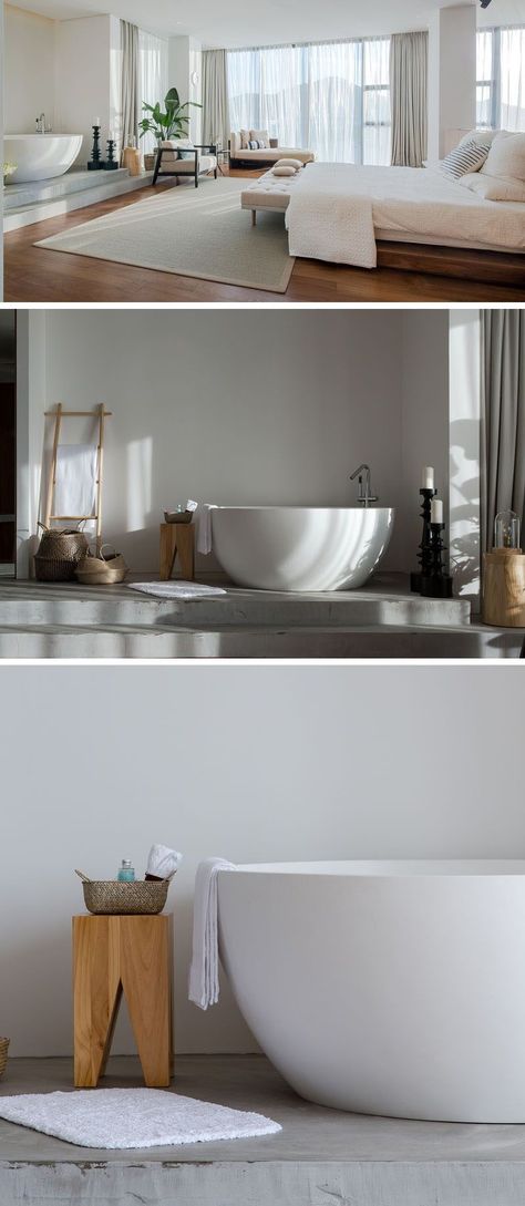 Bath Tub In Bedroom Modern, Bath On Raised Platform, Open Bathtub In Bedroom, Raised Bathtub, Open Plan Bathroom Bedroom, Open Bathtub, Room With Bathtub, Bathtub In Bedroom, Open Plan Bathroom