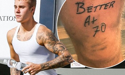 Justin Bieber unveils huge 'Better at 70' tattoo on leg | Daily Mail Online Craziest Tattoos, Bieber Tattoos, Celebrity Smokers, Justin Bieber Tattoos, Encourage Him, Tattoo On Leg, Richest Actors, Bieber Fever, Barack And Michelle