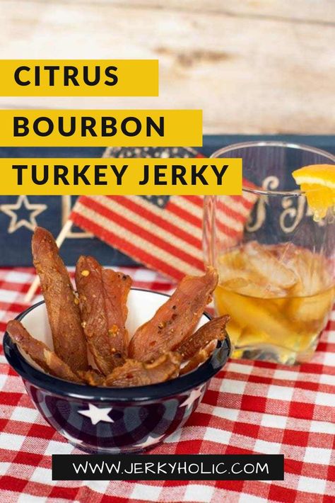 Citrus Bourbon Turkey Jerky in a blue bowl with the American flag. Bourbon Snacks, Preserving Citrus, Turkey Jerky Recipe, Jerky In The Oven, Dehydrator Ideas, Oven Jerky, Jerkey Recipes, Bourbon Turkey, Jerky Marinade