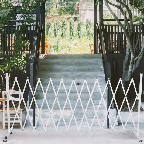 Amazon.com: AkiiGer Metal Expandable Barrier Fence for Dogs, Portable Barricade Gate with Casters, Foldable Pet Gate Indoor Outdoor for Rooms, Stairs, Driveway, Garage, Yard, Doorways, 11 Feet, White : Pet Supplies Temporary Fence Ideas, Indoor Gates, Fence For Dogs, Florida Apartment, Apartment Porch, Driveway Fence, Carport Patio, Florida Apartments, Backyard Gym