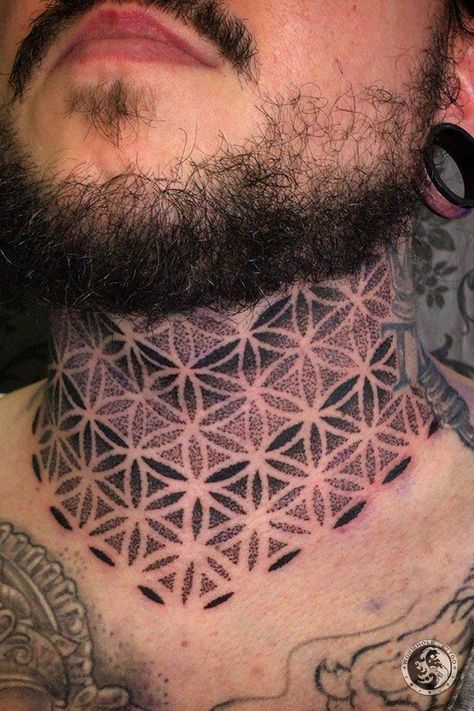 Neck Tattoos Women Dotwork, Dot Work Neck Tattoo Men, Flower Of Life Throat Tattoo, Geometric Throat Tattoo Men, Neck Dotwork Tattoo, Geometric Neck Tattoo For Women, Mandala Throat Tattoo Men, Pattern Neck Tattoo, Dot Work Neck Tattoo