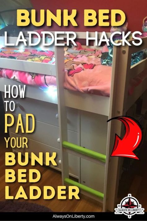 Bunkbed Ladder Ideas, Bunk Bed Stairs Hack, Diy Bed Steps For High Beds, Bunk Bed Ladder Cover Diy, Bunk Bed Safety Ideas, Loft Bed Ladder Ideas, Bottom Bunk Ideas, Bunk Bed Railing Ideas, Diy Bunk Bed Ladder