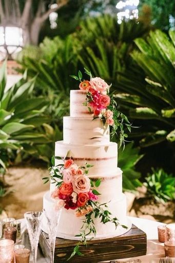 Wedding Cake Purple, Semi Naked Wedding Cake, Orange Wedding Cake, Wedding Cake With Flowers, Cake Purple, Orange And Pink Wedding, Colorful Wedding Cakes, Wedding Cake Prices, Spring Wedding Cake