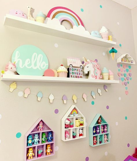 Collection Organization, Girls Rainbow Bedroom, High Shelves, Unicorn Room Decor, Rainbow Bedroom, Unicorn Room, Unicorn Bedroom, Rainbow Ice Cream, House Shelves