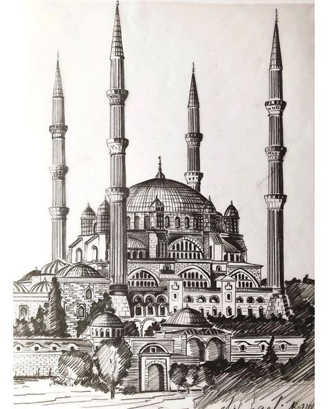 Mosque Drawing, Architecture Drawing Sketchbooks, Mosque Art, Islamic Art Canvas, Building Sketch, Famous Architecture, Mosque Architecture, Pen Art Drawings, Famous Buildings