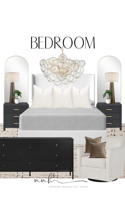 Arhaus Bedroom Inspiration, Transitional Modern Master Bed, Modern Bedroom Dresser Ideas, Neutral Bedroom Black Bed Frame White Dressers, Cb2 Bedroom Inspiration, Rh Bedroom Master, Black Dresser Bedroom Ideas, Rh Bedroom Ideas, Boack Bedroom Furniture