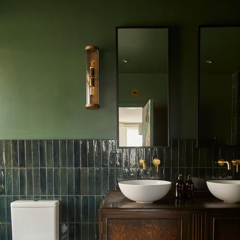 A modern take on stately Dark Green, it brings a touch of grandeur. The perfect timeless statement for modern and period homes alike. Green Bathroom Paint, Small Dark Bathroom, Interior Paint Finishes, Dark Green Paint, Dark Green Bathrooms, Very Dark Green, Dark Bathrooms, Online Interior Design Services, Downstairs Toilet