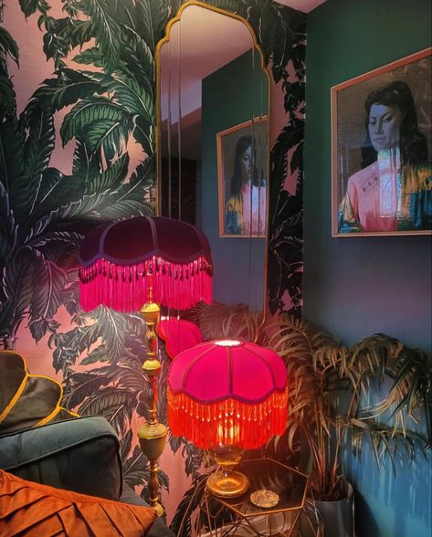 Colorful Gothic Interior Design, Moody Maximalist Pink, Maximalist Vanity Room, Maximalist Decor Color Palette, Tropigoth Aesthetic Bedroom, Maximalist Industrial Decor, Maximalist Floor Lamp, Maximalism Home Decor, Antique Maximalist Decor