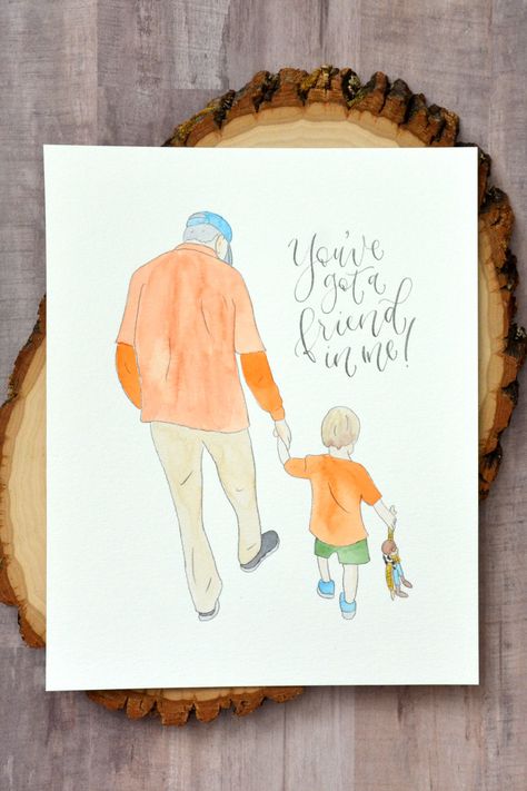 Gift for Grandpa! Love the addition of his grandson's sweet friend Woody. Watercolor painted from a photo from a trip to Disney World! Purchase yours at YourNewFriendSam on Etsy! Grandpa And Grandson Drawing, Grandpa Love, Trip To Disney World, Diy Kids Games, Birthday Cards For Brother, Cute Canvas Paintings, Gift For Grandpa, Cute Canvas, Real Weddings Photos