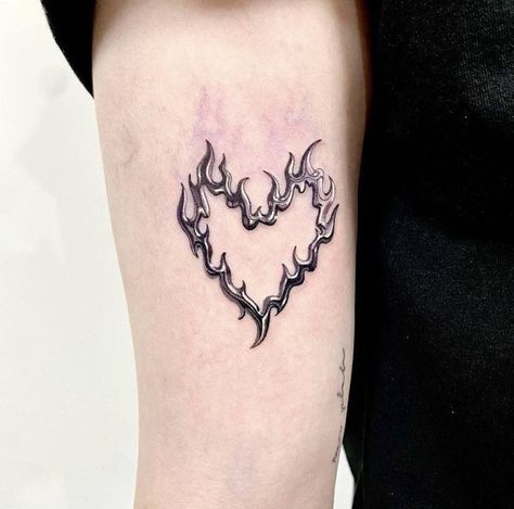 Fire Heart Tattoo Design, Flames Heart Tattoo, Flamed Heart Tattoo, Minimal Tattoo Heart, Spikey Heart Tattoos, Trippy Heart Tattoo, Fiery Heart Tattoo, Edgy Heart Tattoo, Burning Heart Tattoo Minimal