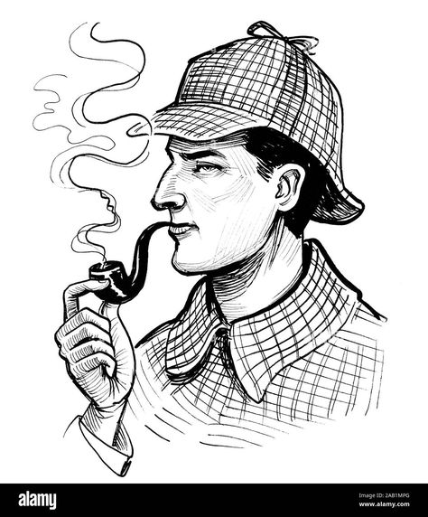 Download this stock image: Sherlock Holmes character smoking pipe. Ink black and white drawing - 2AB1MPG from Alamy's library of millions of high resolution stock photos, illustrations and vectors. Sherlock Holmes Cartoon, Sherlock Holmes Drawing, Sherlock Cartoon, Sherlock Illustration, Sherlock Pipe, White Character, Face References, White Drawing, Face Reference