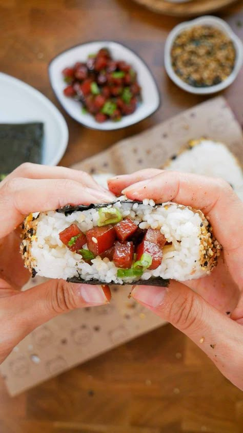 Spam Onigiri Recipe Shrimp Onigiri Recipe, Spam Onigiri Recipe, Spam Musubi Recipe Easy, Onigiri Spam, Rice And Spam Recipes, Spam And Rice Recipes, Riceball Recipes, Oyster Pancake Recipe, Onigiri Filling Ideas