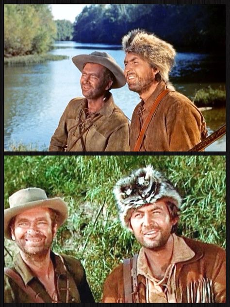 1956: Georgie Russel (Buddy Ebsen) and Davy Crockett (Fess Parker) in Walt Disney’s “Davy Crockett – King of the Wild Frontier”...Every kid in America must have had a Davy Crockett Hat. David Crockett, Davey Crockett, Davy Crocket, Western America, Fess Parker, Buddy Ebsen, Disneyland Holidays, Gene Autry, Davy Crockett