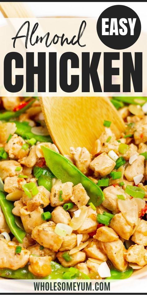 This 30-minute easy almond chicken recipe makes a quick and healthy meal that's loaded with protein, vegetables, almonds, and a flavorful sauce. #wholesomeyum Chicken Almondine Recipes, Macro Asian Recipes, Chicken With Almonds, Almond Chicken Recipes, Chicken Rice Almond Casserole, Almond Chicken Stir Fry, Easy Almond Chicken Chinese, Chicken Almond Ding, Almond Boneless Chicken Recipe