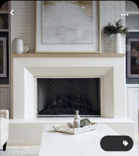 Linear Fireplace With Cabinets On Each Side, Dresser On Either Side Of Fireplace, Cast Stone Linear Fireplace, Precast Fireplace Surround, Cement Fireplace Mantel, New Fireplace Surround, Clean Modern Fireplace, Fireplace Surround With Corbels, Fireplace Surround With Built Ins