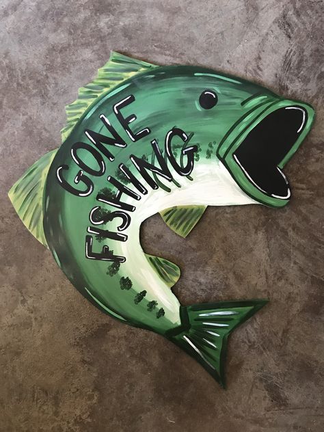 Bass Fish Painting Easy, Fish Door Hanger, Bass Fish Painting Acrylic Easy, Bass Painting Easy, Fishing Canvas Painting, Wood Windmill, Fishing Bucket, Nautical Crafts, Barn Wood Crafts