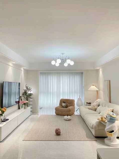 Living Room Korean Style Apartment, Cute Minimalist Living Room, Living Room White Design, Interior Design Korean Style, Korean Style Home Interior Design, Aesthetic White Living Room, Living Room With White Tiles, Korean Interior Design Living Rooms, Korean Apartment Living Room