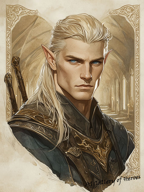 Follow the link to AI Gallery of Heroes on Patreon for 5 more images for free patrons or join for the full set of 46! Githzerai Character Art, Elves Artwork, High Elves Dnd, High Elf Male, Elf Paladin, Dnd Elf, Dnd Character Design, Fantasy Elf, Dnd Elves