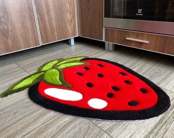 Green Carpet Living Room, Strawberry Rug, Cartoon Strawberry, Rug Tufting, Punch Needle Patterns, Fluffy Rug, Green Carpet, Childrens Room Decor, Red Design