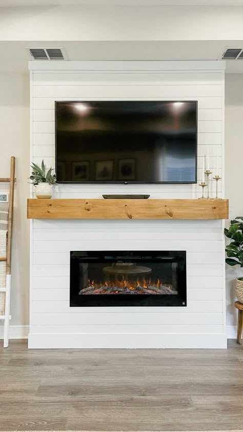 Pin on home Christmas Fireplace Mantle Decorations, Fireplace Mantle Decorations, Christmas Fireplace Mantle, Diy Shiplap Fireplace, Mantle Decorations, Built In Electric Fireplace, Build A Fireplace, Built In Shelves Living Room, Fireplace Tv Wall