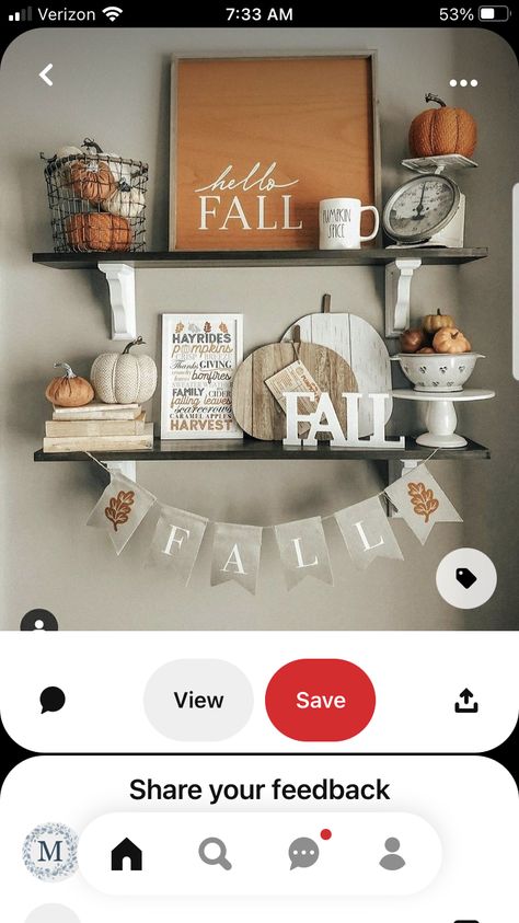 Fall Decor Floating Shelves, Kitchen Open Shelving Decor, Shelving Decor, Autumn Kitchen, Above Kitchen Cabinets, Kitchen Open, Fall Decoration, Seasonal Decorations, Farmhouse Fall