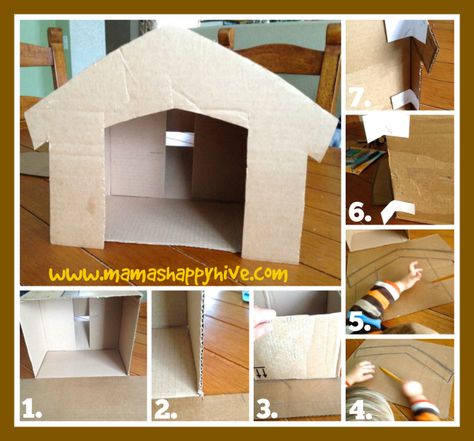 Cardboard Stable Cardboard Manger Diy, Cardboard Stable Nativity, Nativity Stable Diy Cardboard, Diy Nativity Scene For Church Play, How To Make A Manger, Cardboard Nativity Scene Diy, Cardboard Nativity Scene, Cardboard Manger, Diy Nativity Stable