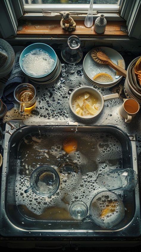 Messy Kitchen Sink: A kitchen sink overflowing with dirty dishes, plates, and utensils against a sunlit window, showcasing a typical busy household. #kitchen #sink #dishes #messy #dirty #aiart #aiphoto #stockcake ⬇️ Download and 📝 Prompt 👉 https://ayr.app/l/YaLK Messy Cooking Aesthetic, Messy Home Aesthetic, Washing The Dishes Aesthetic, Domesticity Aesthetic, Messy House Aesthetic, Dishes In Sink, Messy Interior, Messy Table, Messy Home