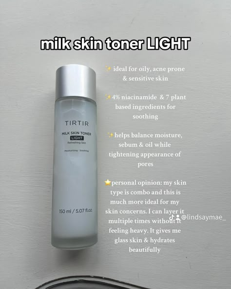 I LOVE both of these @tirtir_global milk skin toners so much. Important reminder: everyones skin is different; what works for me or you may not work for someone else! I have used the original version since December of last year (bought mini trial kit) and loved it so much that i upgraded to full size. It is a heavier feeling on my skin but does not cause any negative side effects! It will give you glass skin!! As soon as TIRTIR announced the LIGHT milk skin toner, i bought it as soon as it... Tir Tir Toner Milk, Tirtir Milk Toner, Japan Essentials, Sensitive Skin Toner, Oily Skin Toner, Korean Skin Care Secrets, Face Skincare, Skincare Store, French Skincare