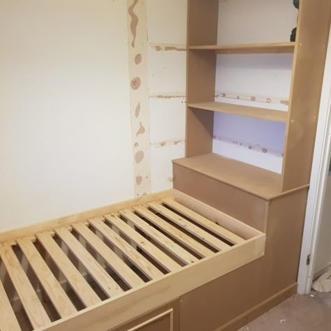 Single bed built over stair bulkhead with storage both above and underneath Bed With Storage Above, Single Bed Storage Ideas, Boxed In Bed Ideas, Staircase Box In Bedroom, Beds Over Bulkhead, Built In Bed With Storage Small Bedrooms, Bed Above Stairs, Box Room With Stair Bulkhead, Built In Single Bed With Storage