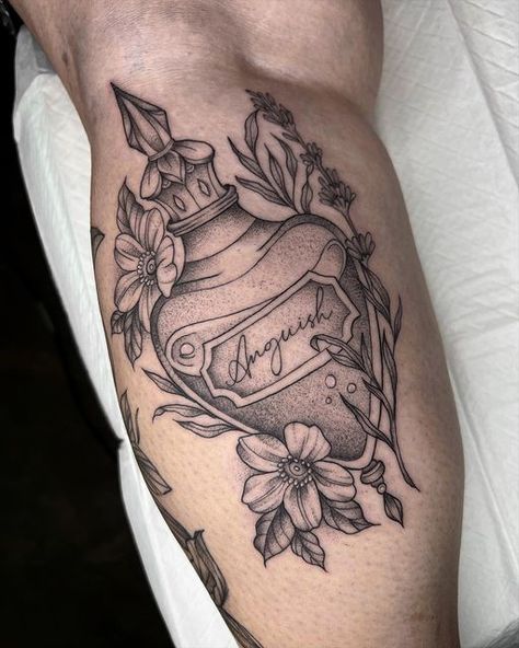 Gothic Potion Bottle Tattoo, Victorian Perfume Bottle Tattoo, Apothecary Bottle Tattoo, Crystal Potion Bottle Tattoo, Magical Tattoo Sleeve, Antique Perfume Bottle Tattoo, Love Poison Tattoo, Love Potion Tattoo Bottle, Time In A Bottle Tattoo