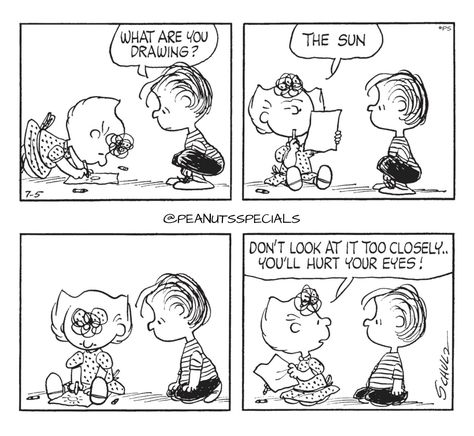 First Appearance: July 5th, 1969 #peanutsspecials #ps #pnts #schulz #linusvanpelt #sallybrown #drawing #sun #closely #hurt #eyes www.peanutsspecials.com Buddy Quotes, Drawing Sun, Snoopy Baby Shower, Charlie Brown Characters, Snoopy Stuff, Peanut Gang, Sunday Funnies, Christian Cartoons, Sally Brown