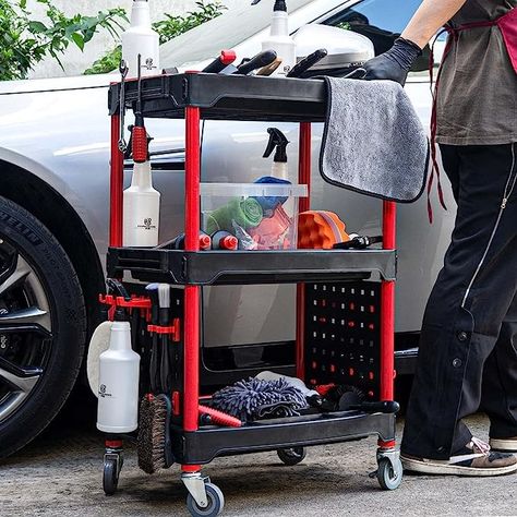 A good helper for car lovers: If you like to take care of your car by yourself, you should have a variety of car beauty tools for washing, repair, polishing, coating, painting and other different uses. Detailing cart can help you sort and place your various tools and quickly pick them up when you need to use them. Lockable universal wheels: The detailing cart is equipped with two lockable universal wheels, which you can easily open or close the wheel lock by stepping on. You can park your cart Home Car Wash Station, Car Detailing Setup, Motorcycle Wash Station, Auto Detailing Garage Ideas, Mobile Detailing Setup, Car Wash Ideas, Detailing Garage Ideas, Diy Home Studio, Car Detail Shop