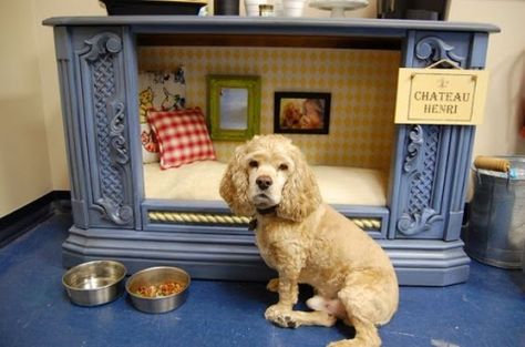 Turn an Old TV Cabinet into a Dog Bed! Tv Dog Beds Old Tv Consoles, Repurposed Dog House, Pet Spaces In Home, Dog Stuff For The Home, Katt Grejer, Dog Room, Dog Crates, Dog House Diy, Diy Dog Bed