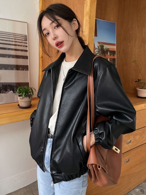 DAZY Slant Pockets PU Leather Jacket | SHEIN Jacket Outfit Women, Pu Leather Jacket, Stil Elegant, Leather Jacket Outfits, Casual Vest, Style Noir, Brown Jacket, Brown Leather Jacket, 가을 패션