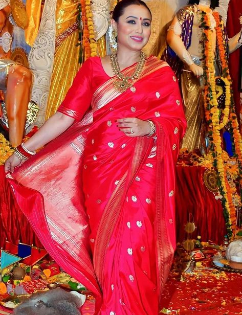 rani mukerji in a red silk saree for navami Rani Mukherjee Saree, Rani Mukerji Saree, Red Silk Saree, Indian Closet, Best Indian Wedding Dresses, Rani Mukherjee, Easy Rangoli Designs Diwali, Rani Mukerji, Beautiful Sarees