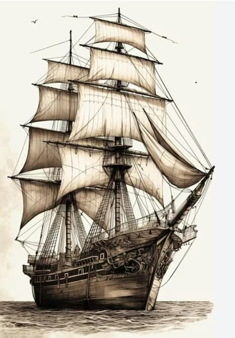 Pirate Ship Drawing, Pirate Ship Tattoo, Pirate Ship Art, Navi A Vela, Sailing Art, Stippling Art, Old Sailing Ships, Art Charcoal, Eagle Art