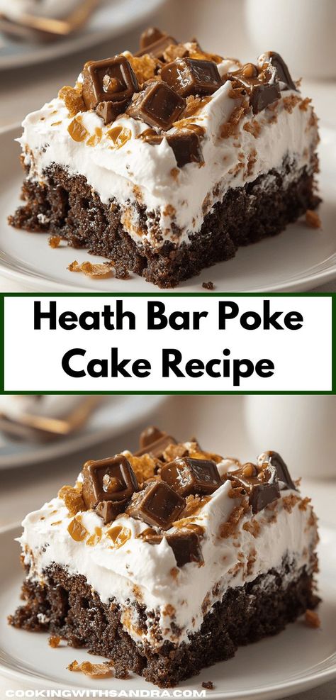 Searching for a crowd-pleasing dessert? Discover the irresistible combination of chocolate cake soaked in luscious toffee and topped with crushed Heath bars. This Heath Bar Poke Cake is a guaranteed hit at any family dinner. Heath Bar Poke Cake, Heath Bar Dessert, Heath Cake, Unique Recipes Desserts, Perfect Cheesecake Recipe, Toffee Crunch, Heath Bar, Poke Cake Recipe, Rich Cheesecake