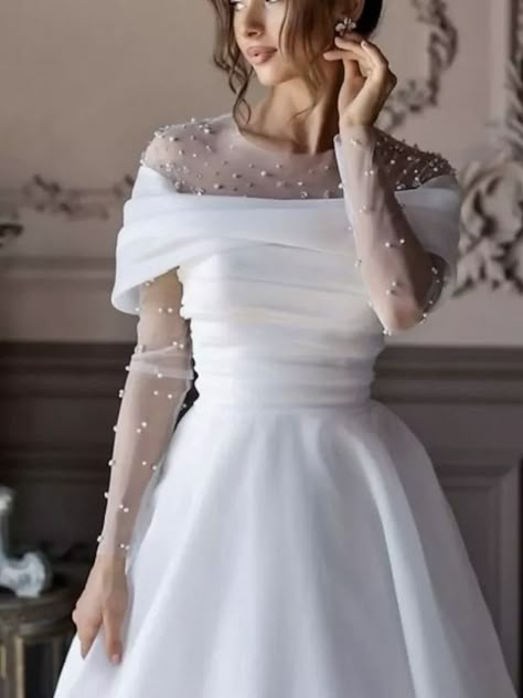 Simple Wedding Dresses Wedding Dresses A-Line V Neck Long Sleeve Court Train Chiffon Bridal Gowns With Pleats Ruched dress to impress 2024 2024 - $152.99 Modest Christian Wedding Dress, White Dresses Formal, Simple Engagement Dress, Wedding Dresses Illusion, Formal Wedding Dresses, Bride Dress Simple, White Dress Formal, Soiree Dresses, Wedding Dresses A Line