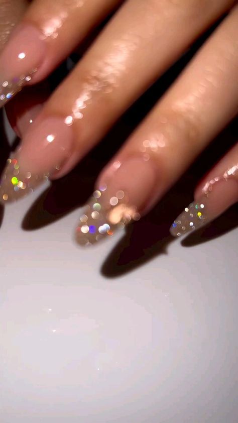 Glitter French Tips Almond Nails, Almond Nail Ideas With Rhinestones, Gel X Nails Inspiration, Natural Nails With Bling, Birthday Nail Set Ideas Almond Shape, Glossy Clear Nails, Brown Glitter French Tip Nails, Clear Acrylic Nails With Glitter, Glass Nails Acrylic Clear