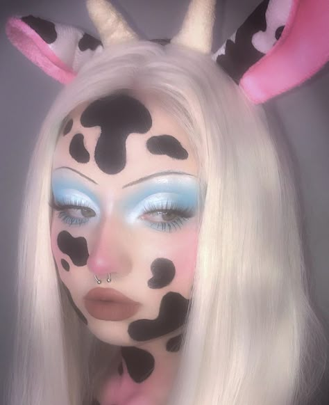 Pink Cow Makeup, Strawberry Cow Makeup, Animal Inspired Makeup, Cow Makeup Look, Animal Makeup Looks, Cow Make Up, Animals Makeup, Elephant Makeup, Animal Makeup