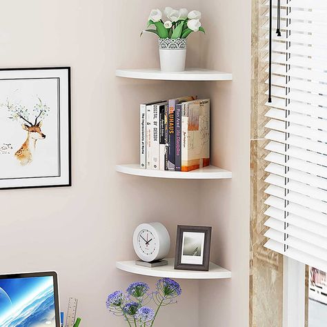 Amazon.com: Baffect 3-Pack Corner Shelf Wooden and Plastic PVC Floating Shelves Wall Mount Shelf Bookshelf Display Cosmetic Storage Rack Room Decor (Large) : Home & Kitchen Corner Shelves Bedroom, Floating Corner Shelf, Corner Shelf Ideas, Bathroom Corner Shelf, Floating Corner Shelves, Corner Wall Shelves, Corner Bookshelves, Wooden Floating Shelves, Mounted Shelves