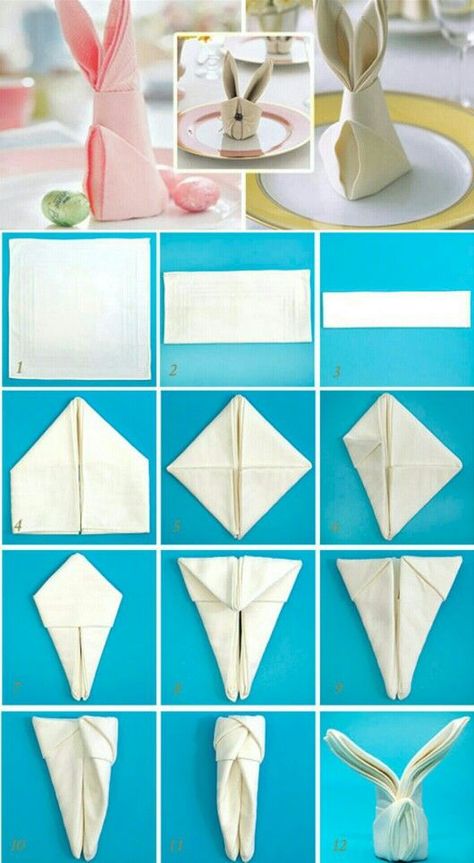 Diy Wedding Napkins, Easter Napkin Folding, Bunny Napkin Fold, Fancy Napkin Folding, Napkin Folds, Newspaper Crafts Diy, Creative Napkins, Church Easter Decorations, Exterior Christmas