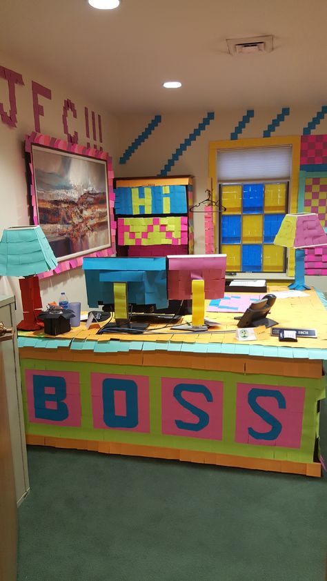 Office Birthday Pranks Boss, Office Surprise Birthday Ideas, Office Decorating For Birthday, Prank Boss Office, Celebrating Office Birthdays, Decorate Boss Office For Birthday, Boss’s Day Decorations, Bosses Day Decorations Offices, Decorating Office For Birthday