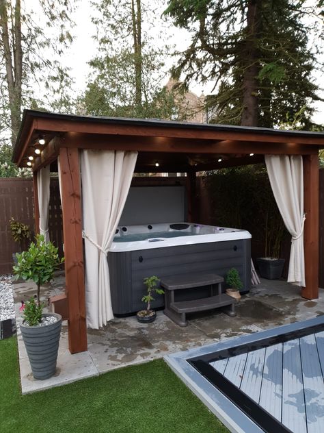 Gazebo Jacuzzi Ideas, Outdoor Gazebos Hot Tub, Hot Tub Tv Ideas Backyard, Hot Tub Gazebo Ideas Privacy Screens, Hot Tub Pathway, Patio Canopy Ideas Gazebo, Hot Tub And Bar Ideas, Outdoor Hot Tub Landscaping, Hot Tub Curtains