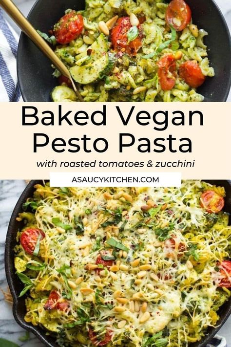 Enjoy the best produce summer has to offer with this Baked Vegan Pesto Pasta! Cherry tomatoes and zucchini and lightly roasted and then mixed in with your favourite gluten free pasta and then tossed in a thick and creamy dairy free pesto sauce. Finishing off this dish in the oven makes for a pasta that's tender on the inside with a slightly crispy crust to tie it all together. Use your favourite pesto to complete the sauce or make this easy, homemade pesto included in the recipe! Pesto Recipes Dinner, Pasta Cherry Tomatoes, Recipes Using Pesto, Pesto Dishes, Tomato Pasta Bake, Pesto Pasta Bake, Vegan Pesto Recipe, Tomatoes And Zucchini, Vegan Pesto Pasta